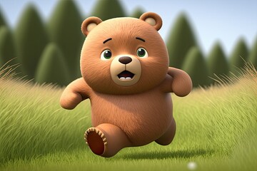 Obraz na płótnie Canvas Cute Cartoon Bear Running through a Meadow (Created with Generative AI) 