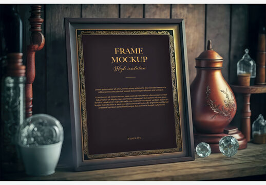Rustic Picture Frame Mockup on Wooden Shelf With Vases and Lamps Generative AI