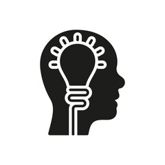 Human Head and Lightbulb Silhouette Pictogram. Creative Thinking Solid Icon. Innovation Science Idea Glyph Sign. Intellectual Process Symbol. Isolated Vector Illustration