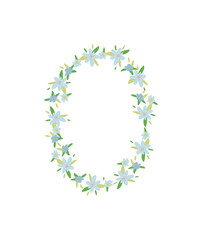 Oval frame with blue wildflowers on white background. Modern abstract design template.