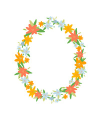 Floral border, summer plant. Blue, orange and yellow wildflowers, oval frame for a template.