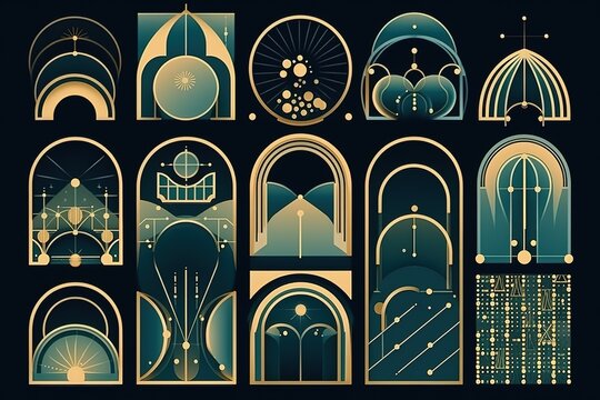 Set of geometric shapes in trendy retro style. 00s Y2k aesthetic. Modern minimalist arch frame with sparkles. Trendy design elements for banners, social media , Generative AI