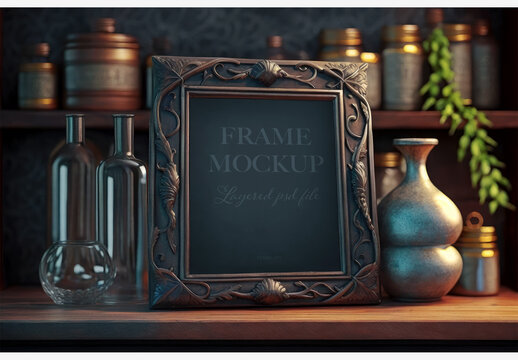 Classic Wooden Shelf with Picture Bronze Frame Mockup and Bottles Generative AI