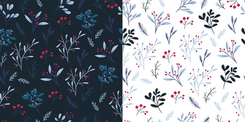 Winter botanical seamless patterns set, flat vector illustration. White and dark blue backgrounds. Christmas wrapping paper design. Elegant floral pattern.