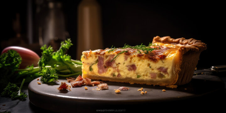 Gros plan d'une part de quiche lorraine dans un plat assiette