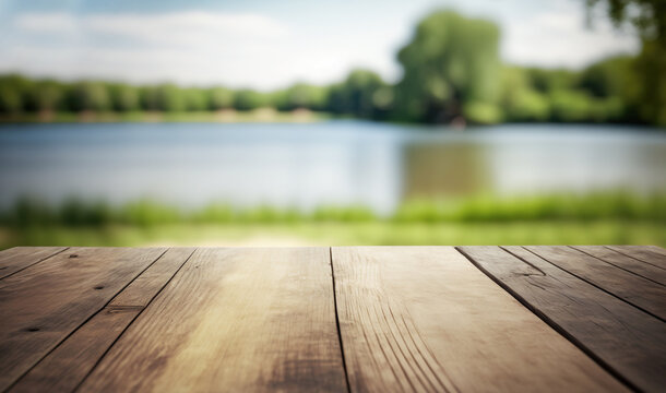 Empty wooden table top against blurred natural background, trees and lake. Place for your text. AI generated
