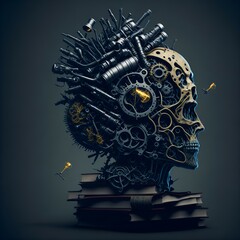 Machine learning, education, gear and brain, clock and books, gpt, chatgpt, AI tools, tools, art, abstract