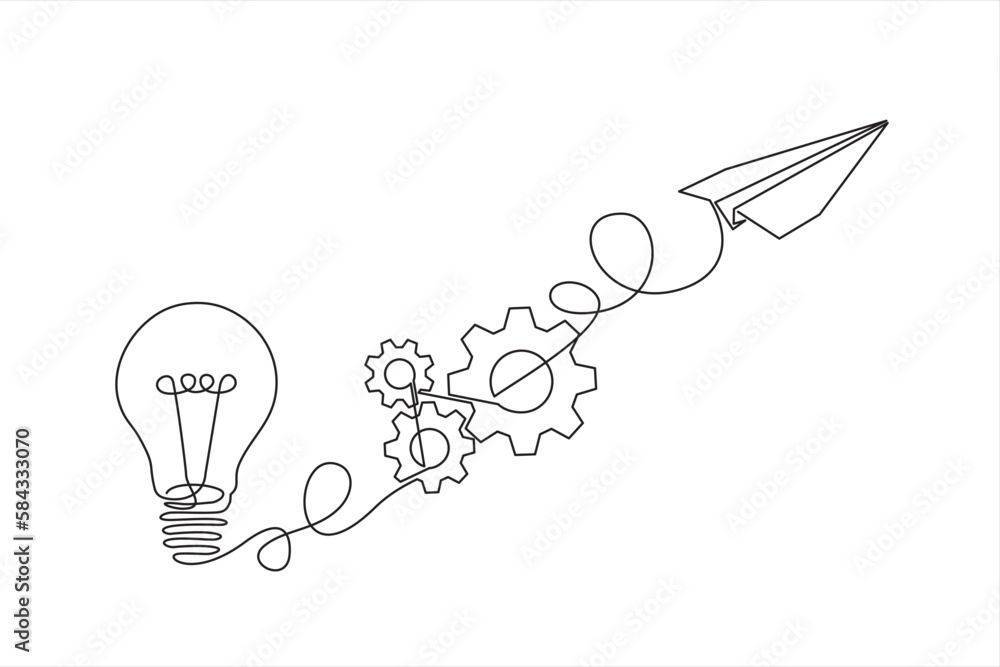 Poster paper plane flying up connected with light bulb and gears in one continuous line drawing. airplane i