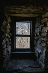 Fototapeta na wymiar Looking out window with stones around frame inside tower surrounded by forest in Cheaha state park, Alabama