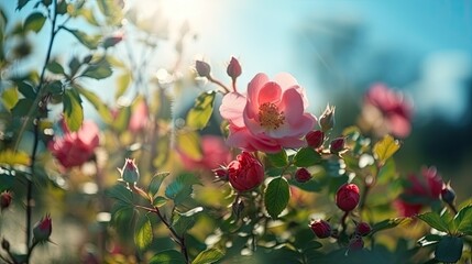 Beautiful spring border, blooming rose bush on a blue background. Flowering rose hips against the blue sky. Soft selective focus, generative ai