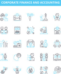 Corporate finance and accounting vector line icons set. Finance, Accounting, Corporate, Budgeting, Investment, Risk, Mergers illustration outline concept symbols and signs