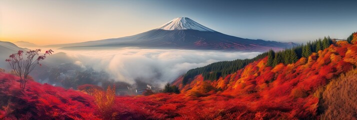 Colorful Autumn Season and Mountain Fuji with morning fog and red leaves, generative ai - obrazy, fototapety, plakaty