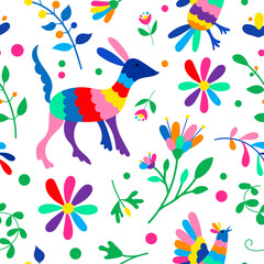 Mexican otomi embrodery seamless pattern. Colorful Mexican Traditional Textile Embroidery Style. Folk otomi style graphic, wallpaper. Festive mexican floral pattern seamless