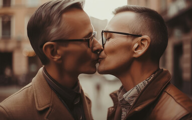 Naklejka premium Mature Gay couple kissing in public. Sharing a moment of love. Concept of gay love and LGBT. Shallow field of view. Illustrative generative AI. Not real people. 