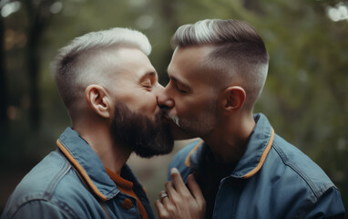 Two Gay men kissing in public. Sharing a moment of love. Concept of gay love and LGBT. Shallow field of view. Illustrative generative AI. Not real people. 