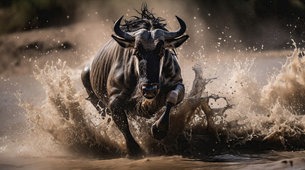 Wildebeest Running Through Flowing Muddy River - obrazy, fototapety, plakaty