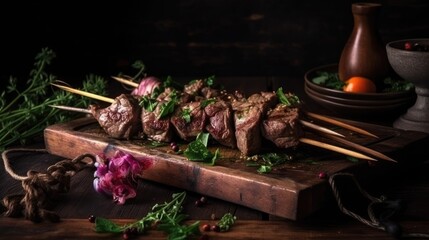 Shish kebab, Grilled lamb meat skewers with spices and oregano flowers on a wooden board, generative ai
