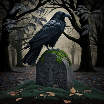 Ein Rabe auf einem Grabstein sitzend, im Wald, Illustration