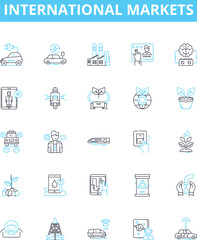 International markets vector line icons set. Global, Overseas, Markets, Commerce, Exchange, Economy, International illustration outline concept symbols and signs