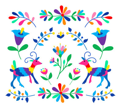 Mexican otomi embrodery ornament. Colorful Mexican Traditional Textile Embroidery Style. Folk otomi style graphic, wallpaper. Festive mexican floral motif