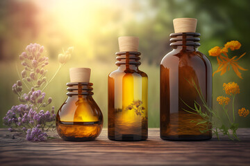 Obraz na płótnie Canvas Essential oils with flowers on a natural green background, Generative AI 3