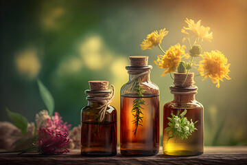Essential oils with flowers on a natural green background, Generative AI 1 - obrazy, fototapety, plakaty