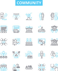 Community vector line icons set. Commune, Society, Fellowship, Congregation, Tribe, Collaboration, Coalition illustration outline concept symbols and signs