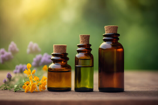 Essential oils with flowers on a natural green background, Generative AI