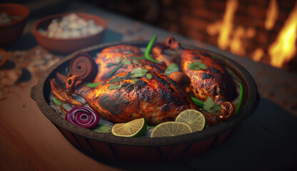 Rustic Tandoori Chicken served in clay dish on wooden table with grill flames in background