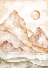 Modern Boho Watercolor Modern Landscape Art Print. Abstract Minimal Background. Mountains and Sunset. Bohemian printable wall art, boho poster, pastel abstract art, landscape drawing, nature painting - 584335265