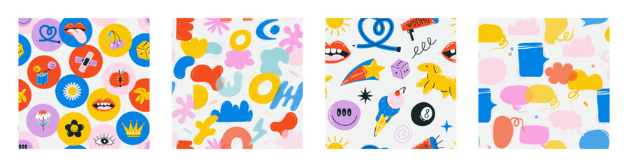 Fototapeta premium Various Patches, Pins, Stamps, Stickers. Funny cute comic Characters. Different Phrases and words. Hand drawn trendy Vector illustration. Cartoon style. Abstract square seamless Pattern, wallpaper