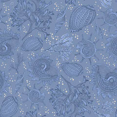 Sea corals and seashells on a  blue background.