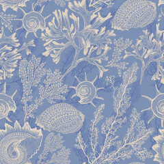 Different types of shells and corals. Seamless pattern. Sea style. Underwater life. Luxurious drawing.