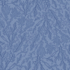 Sea corals on a blue background. Seamless pattern. Print for any surface. Linear drawing.