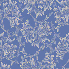 Sea corals on a blue background. Seamless pattern. Print for any surface. Linear drawing.