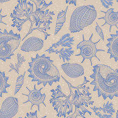 Different types of shells and corals. Seamless pattern. Sea style. Underwater life. Luxurious drawing. - 584335464