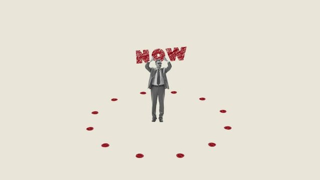 Businessman giving motivation. Now or never. Time management and successful planning. Stop motion, animation. Business and ambitions, psychology, inner world, growth, feelings concept. Conceptual art