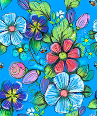 Fototapeta na wymiar Elegant floral pattern. Chamomile, peony, tulip, tropical flower, daisy, buttercup on a blue background. Suitable for fabric, packaging, postcards and wallpaper