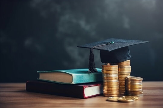 graduate cap near stack of coins. Savings for education. Higher education prices Generative AI