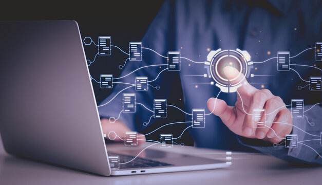 Businessman using  laptop computer for Technology AI and big data network conncetion, data science and digital marketing concept