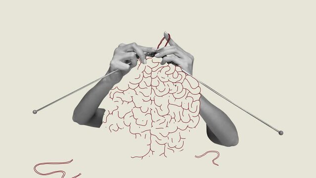 Human hands knitting brain. Growing psychological and emotional stability. Abstract design. Stop motion, animation. Concept of psychology, inner world, mental health, feelings. Conceptual art