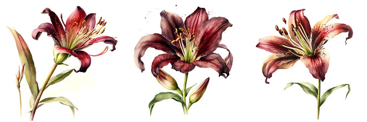 Watercolor illustration of burgundy lilies set on isolated white background created with Generative AI technology