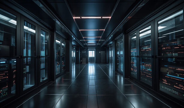 Corridor with servers technology computing, big database server, data center concept, modern server technologies, data transfer, digital future concept, microcircuits and connections, generated ai