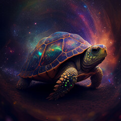 Fototapeta na wymiar Turtle in Space, Tortoise Hyperrealistic Illustration, Insane Graphics, Universe, Galaxy, Stars in the Background