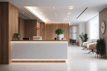 Luxury and contemporary lobby area interior design in white and wood style with reception counter Generative AI
