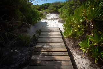 Beach holiday by the sea with a beautiful wooden walkway that leads through the dunes. Generative AI