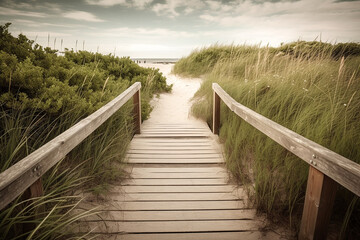 Beach holiday by the sea with a beautiful wooden walkway that leads through the dunes. Generative AI