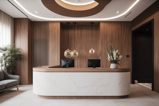 Luxury and contemporary lobby area interior design in white and wood style with reception counter Generative AI
