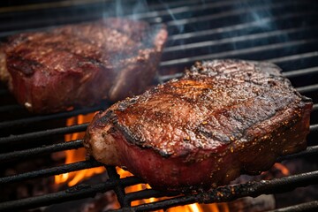 Grilled beef steaks resting on a sizzling grill - food products created with generative AI technology