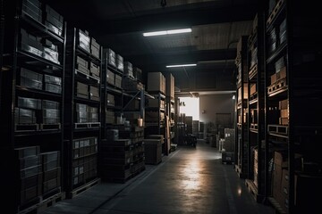 Gigantic Warehouse Logistics: Supply & Merchandise at Work in a Grungy Equipment Workshop. Generative AI